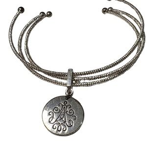 Silver Tone Multi Strand Cuff Bracelet w/ Monogram Style Charm